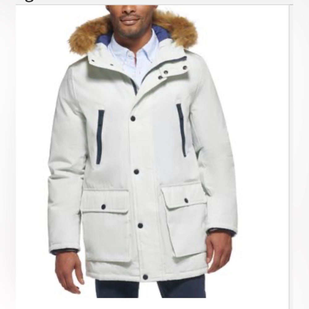 Men's Gray Faux Fur Trim Midi Parka Coat